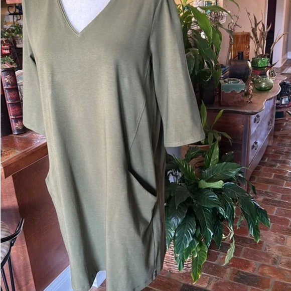 EILEEN FISHER Green Organic cotton Pocketed 3/4 Sleeve V Neck Shift Dress szPM - Picture 5 of 14
